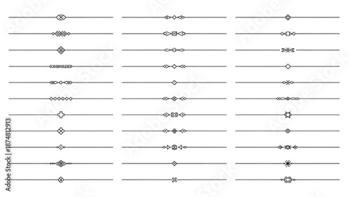 Set of elegant horizontal dividers and decorative line separators featuring diverse geometric embellishments for graphic design