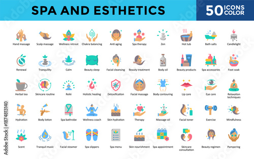 Spa and Esthetics icons set with hand massage, scalp massage, wellness retreat, spa therapy, facial massage, and  spa bathrobe icon. Simple color vector 
