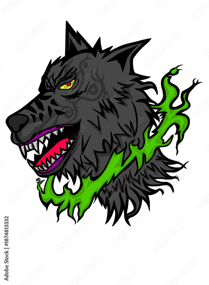 Fototapeta premium Stylized Wolf Head with Neon Green Flames
