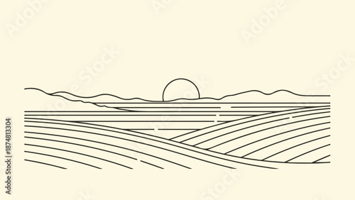 Minimalist line drawing of a serene seascape with waves, sandy seabed, and sun on the horizon