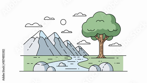 Snow-capped mountains with a winding river and a solitary tree in a natural landscape