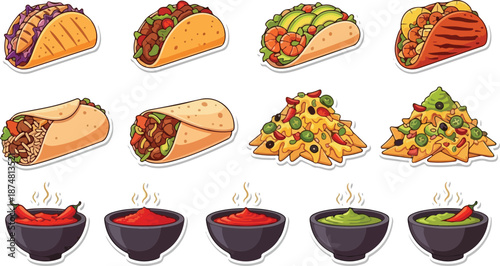 Diverse Mexican Cuisine Icons Tacos, Burritos, Nachos, and Dips