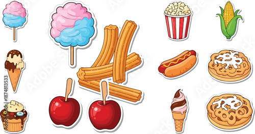 Assorted Fair and Carnival Food Icons Featuring Sweet and Savory Treats