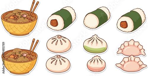 Collection of delicious and authentic Asian food items including dumplings, bao buns, and noodle bowls