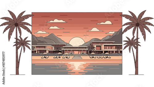 Illustration of a serene tropical resort with palm trees and a mountain range at sunset, featuring a body of water and a warm color palette.