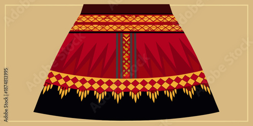 Traditional Lao Hand-Woven Silk Fabric with Red and Black Geometric Diamonds, Close-up of Authentic Lao Silk Craftsmanship featuring Traditional Tribal Motifs