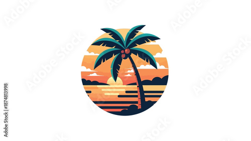 Iconic graphic illustration of a single palm tree against a vibrant orange sunset with clouds over water.