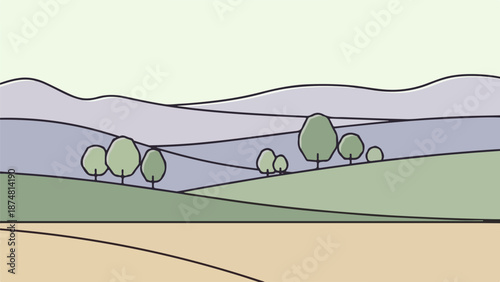 Rolling hills and green trees under a soft purple sky at dawn or dusk