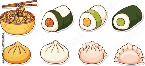 Collection of delicious Asian food items including noodles, sushi rolls, and various dumplings like bao and gyoza
