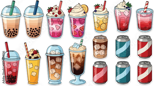Collection of colorful and refreshing beverages including bubble tea, smoothies, iced coffee, and soda cans, perfect for summer promotions and cafe menus