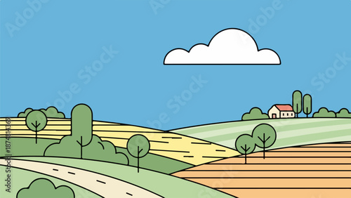 Rural landscape with rolling hills, winding road, and a house with a red roof