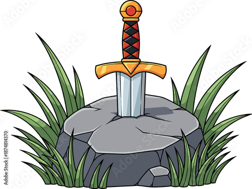 Legendary golden hilt sword stuck in a stone rock surrounded by green grass vector illustration for fantasy adventure game concept.