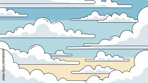 Detailed sky illustration with fluffy white and gray clouds on a gradient blue background