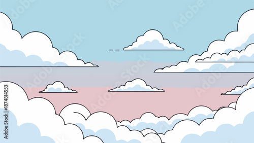 Soft gradient sky with fluffy white clouds transitioning from pale blue to delicate pink at the horizon