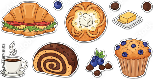 Delicious breakfast pastry assortment with coffee and butter, a delightful assortment of baked goods