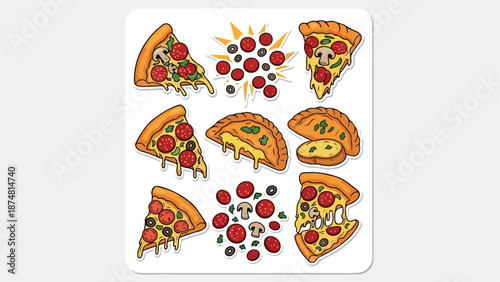 Delicious Italian Food Assortment Slices of Pepperoni, Mushroom, and Olive Pizza with Calzones and Tomato Toppings