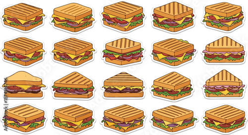 A diverse collection of delicious grilled cheese sandwiches and other sandwich variations, presented in a vibrant isometric illustration style