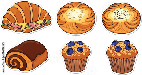 Collection of delicious sweet and savory baked goods including a croissant sandwich, Danish pastries, chocolate roll, and blueberry muffins