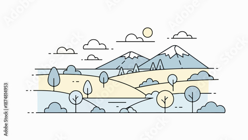 Illustration of a peaceful landscape with rolling hills, distant mountains, and stylized trees under a clear sky