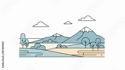 Serene landscape with rolling hills, sparse trees, and a majestic mountain range
