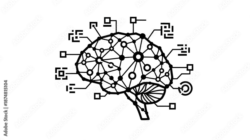 Obraz premium Stylized brain with interconnected nodes and circuits representing artificial intelligence learning and data processing in digital format