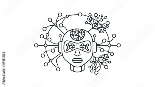 Artificial intelligence robot head with circuits and nodes symbolizing digital network and neural connections futuristic technology concept