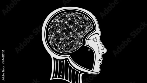 Futuristic robot head outline profile with glowing neural network inside, artificial intelligence concept, digital consciousness, technology, cybernetics