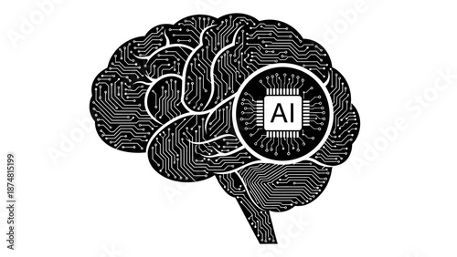 Artificial intelligence brain with circuit board pattern and ai chip illustration representing modern technology and machine learning concepts