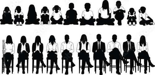 Vector Silhouette Collection of Children Sitting on the Floor and Business Professionals Seated on Chairs Representing Growth Education Career Development and Life Stages Transitions