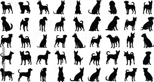 Large Black Vector Silhouette Collection of Diverse Purebred Dog Breeds in Various Standing and Sitting Poses Isolated on White Background for Pet Graphic Design