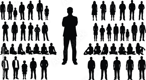 Vector Silhouette Collection of Men Women and Children in Various Standing and Sitting Poses Featuring a Prominent Leader Silhouette for Business and Community Graphics