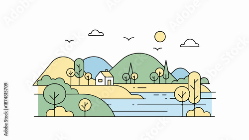 Countryside landscape illustration with river, house, and rolling hills
