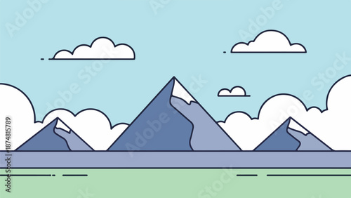 Serene mountainous landscape illustration with light green water, blue-gray peaks, and soft blue sky