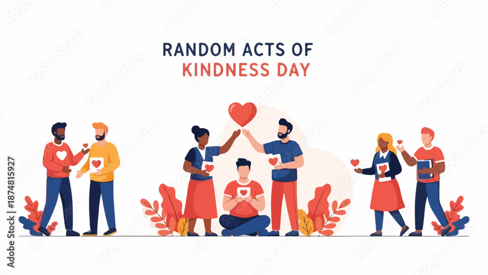 Fototapeta premium Illustration of diverse people engaging in acts of kindness on Random Acts of Kindness Day with a white background and vibrant colors.