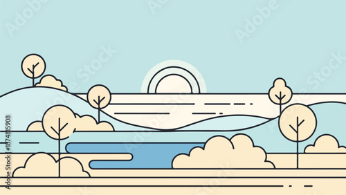 Minimalist illustration of a serene natural landscape with a calm body of water and rolling hills at dawn or dusk