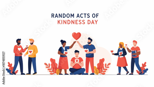 Illustration of diverse people engaging in acts of kindness on Random Acts of Kindness Day with a white background and vibrant colors.