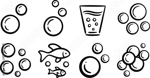 Simple Line Bubbles, Fish, and a Glass of Drink