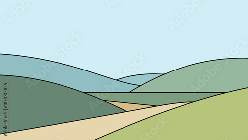 Minimalist landscape with rolling hills and valleys in muted greens and blues
