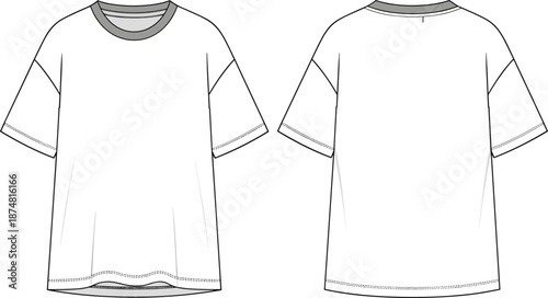 Technical Fashion Flat Sketch of an Oversized Crew Neck T Shirt Featuring Drop Shoulders in Front and Back View Vector