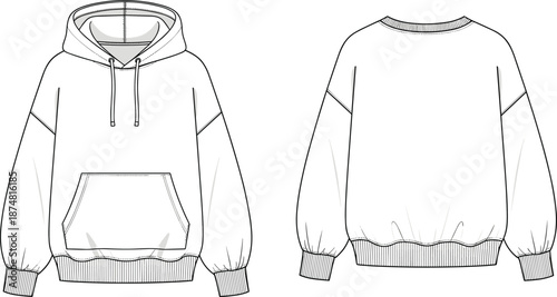Technical Fashion Flat Sketch of an Oversized Women Hoodie Featuring Drop Shoulders and Kangaroo Pocket in Front and Back View