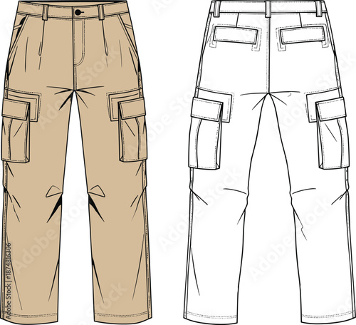 Men cargo pants technical fashion sketch, front back view, utility pocket trousers, apparel design template, cad drawing flat vector illustration