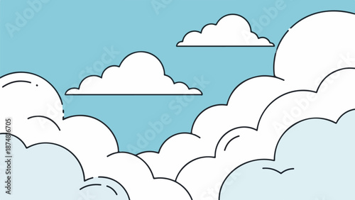 Cartoon sky with fluffy white clouds and blue background