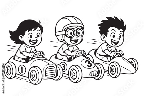 Cute black and white vector illustration of three little kids riding tiny racing cars, showing playful competition, joyful expressions, fun motion, and a charming cartoon race atmosphere.