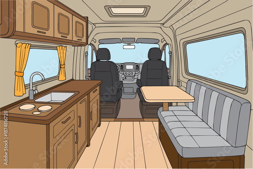 Vector illustration of a campervan interior featuring a compact kitchen set and a cozy sofa, designed to show comfort, functionality, travel lifestyle, and smart use of space on the road.