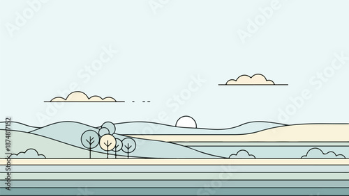 Minimal horizontal landscape with layered hills tree cluster and clouds