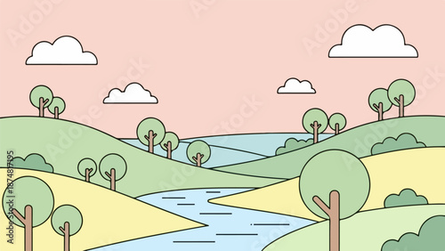 Serene countryside landscape with rolling hills and a winding river at dawn or dusk