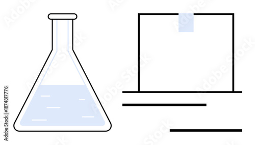 Flask with liquid paired with document representing science, research, and findings. Ideal for innovation, experimentation, data analysis, academia, discovery education report illustration. Simple