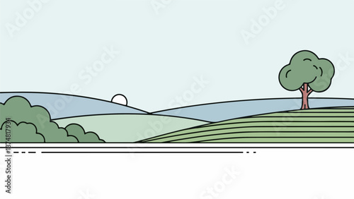 Rolling hills with dense green foliage and a solitary tree under a crescent moon