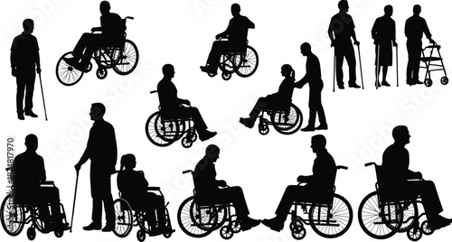 Black and white silhouettes of disabled people using wheelchairs crutches and walkers, accessibility and medical healthcare icon collection isolated on a white background.