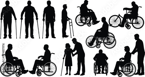 Black and white silhouettes of disabled people using wheelchairs crutches and walkers, accessibility and medical healthcare icon collection isolated on a white background.